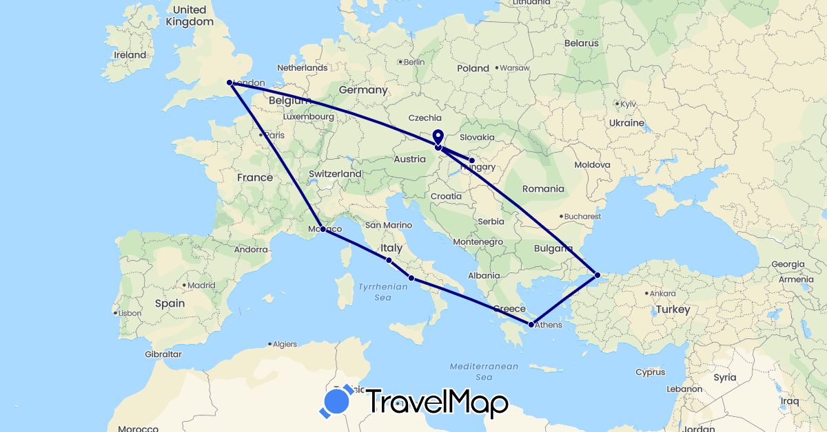TravelMap itinerary: driving in Austria, France, United Kingdom, Greece, Hungary, Italy, Turkey (Asia, Europe)